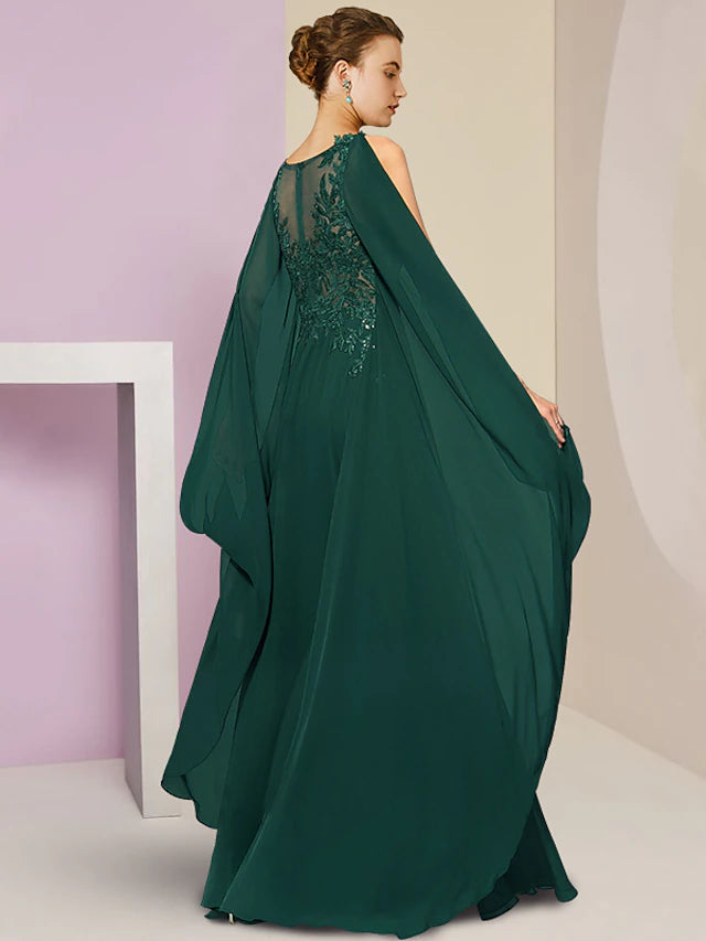 Luolandi Elegant Mother of the Bride Dress Vintage V Neck Floor Length Chiffon Lace Wedding Guest Party Dress with Appliques