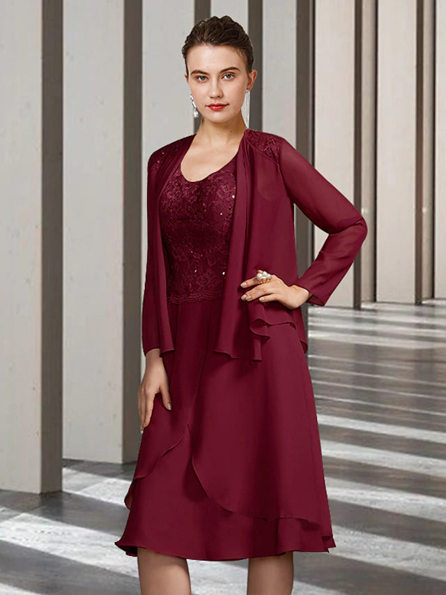 Luolandi Two Piece Sheath / Column Mother of the Bride Dress Church Elegant Scoop Neck Knee Length Chiffon Lace Long Sleeve with Ruffles