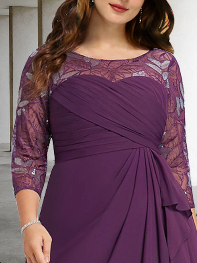 Luolandi Sheath / Column Plus Size Curve Mother of the Bride Dresses Elegant Dress Formal Knee Length 3/4 Length Sleeve Jewel Neck Chiffon