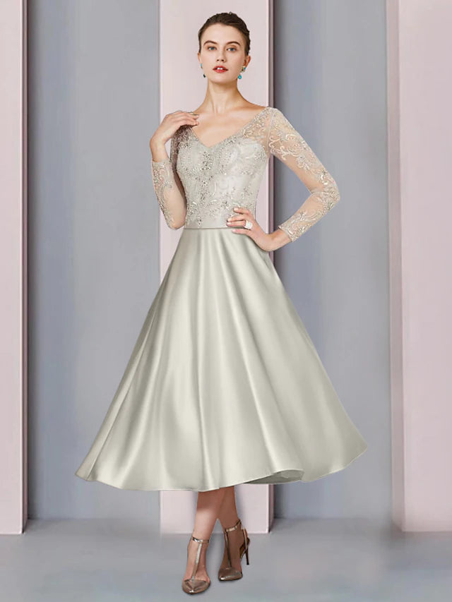Luolandi A-Line Mother of the Bride Dress Formal Church Party Elegant V Neck Tea Length Satin Lace Long Sleeve with Beading