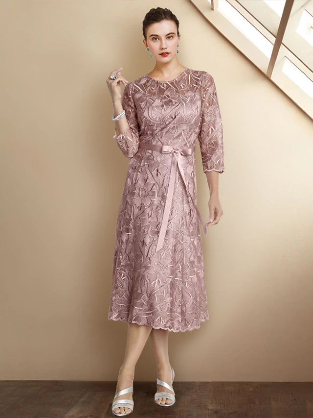 Luolandi A-Line Mother of the Bride Dress Elegant Jewel Neck Tea Length Lace Charmeuse 3/4 Length Sleeve with Bow(s)