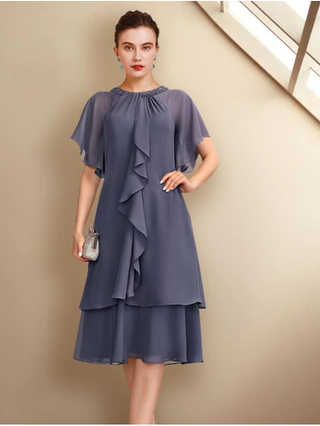 Luolandi A-Line Mother of the Bride Dress Plus Size Elegant Jewel Neck Knee Length Chiffon Short Sleeve with Beading