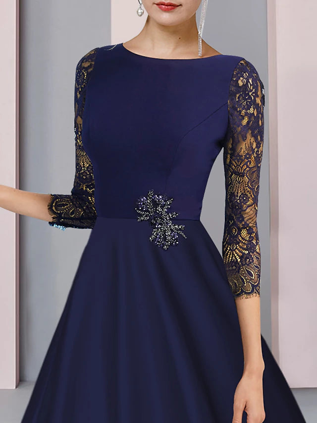 Luolandi A-Line Mother of the Bride Dress Formal Church Party Elegant Scoop Neck Knee Length Lace 3/4 Length Sleeve