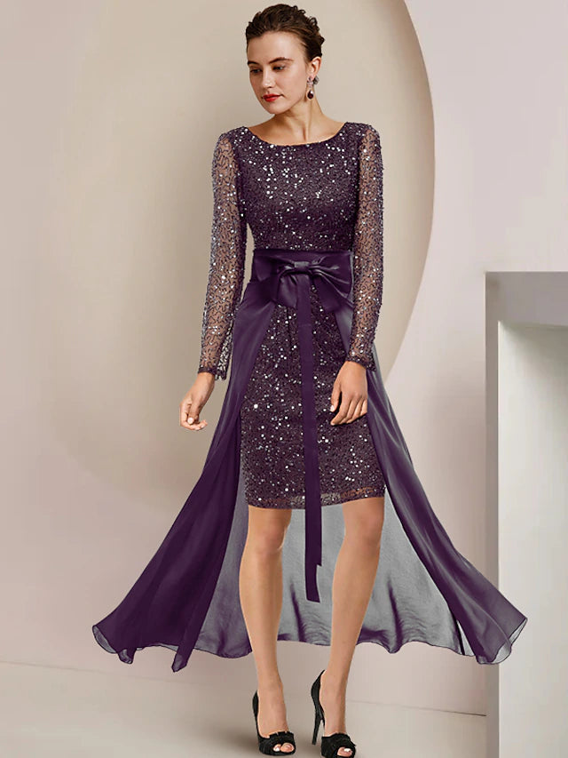 Luolandi Two Piece Sheath / Column Mother of the Bride Dress Formal Wedding Guest Sparkle & Shine Elegant Scoop Neck Knee Length Lace Sequined Long Sleeve with Beading