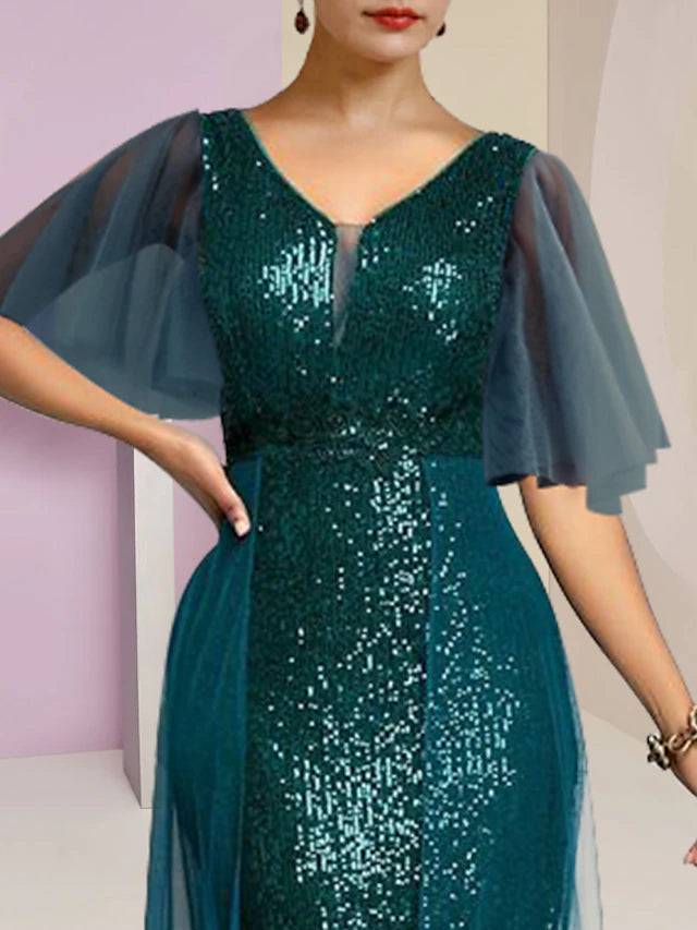 Luolandi Sheath / Column Mother of the Bride Dress Formal Wedding Guest Elegant Sparkle & Shine High Low V Neck Knee Length Chiffon Sequined Short Sleeve