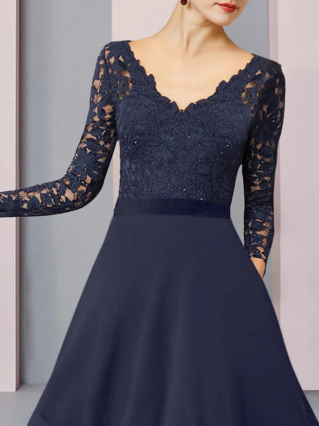 Luolandi Sheath / Column Mother of the Bride Dress Wedding Guest Vintage Elegant V Neck Asymmetrical Chiffon Lace Long Sleeve