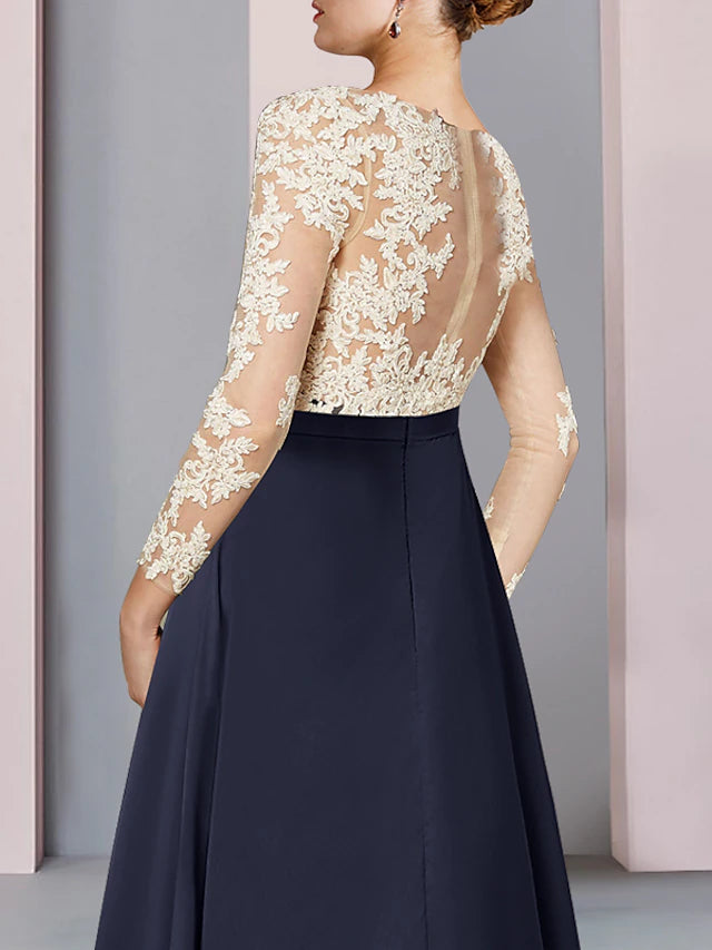 Luolandi Sheath / Column Mother of the Bride Dress Wedding Guest Party Elegant V Neck Asymmetrical Chiffon Lace Long Sleeve with Pleats