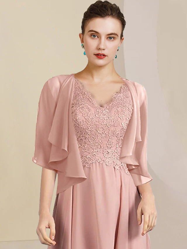 Luolandi Two Piece A-Line Mother of the Bride Dress Formal Wedding Guest Elegant High Low V Neck Asymmetrical Tea Length Chiffon Lace Short Sleeve Wrap Included