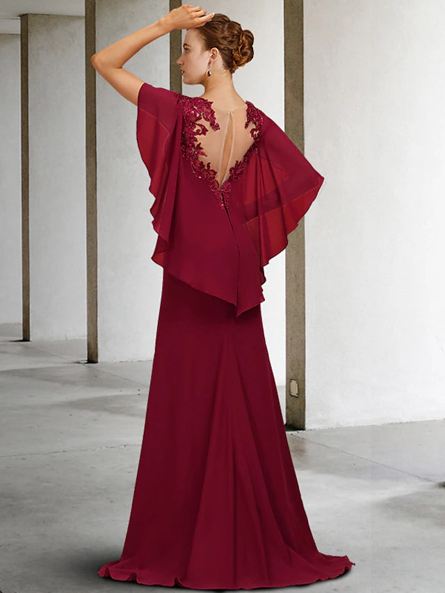 Luolandi Mermaid / Trumpet Mother of the Bride Dress Vintage Elegant Square Neck Sweep / Brush Train Chiffon Short Sleeve with Appliques