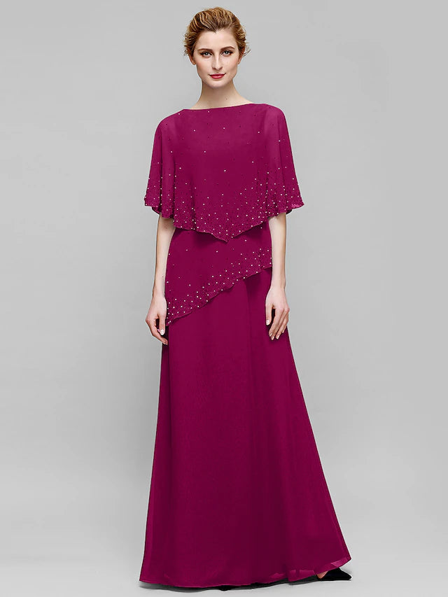 Luolandi Sheath / Column Mother of the Bride Dress Elegant Bateau Neck Floor Length Chiffon Sleeveles