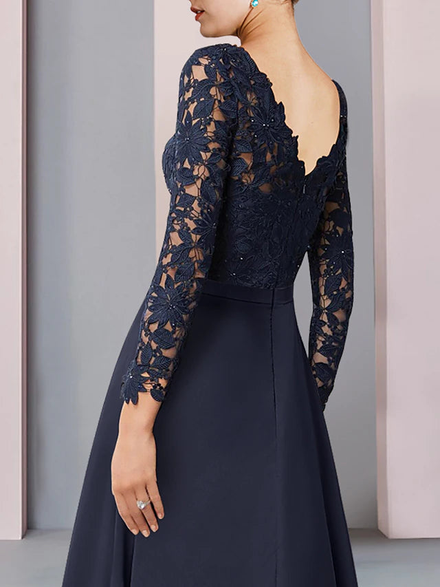 Luolandi Sheath / Column Mother of the Bride Dress Wedding Guest Vintage Elegant V Neck Asymmetrical Chiffon Lace Long Sleeve