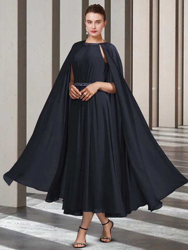 Luolandi A-Line Mother of the Bride Dress Elegant Jewel Neck Ankle Length Chiffon Sleeveless with Pleats Beading Crystal