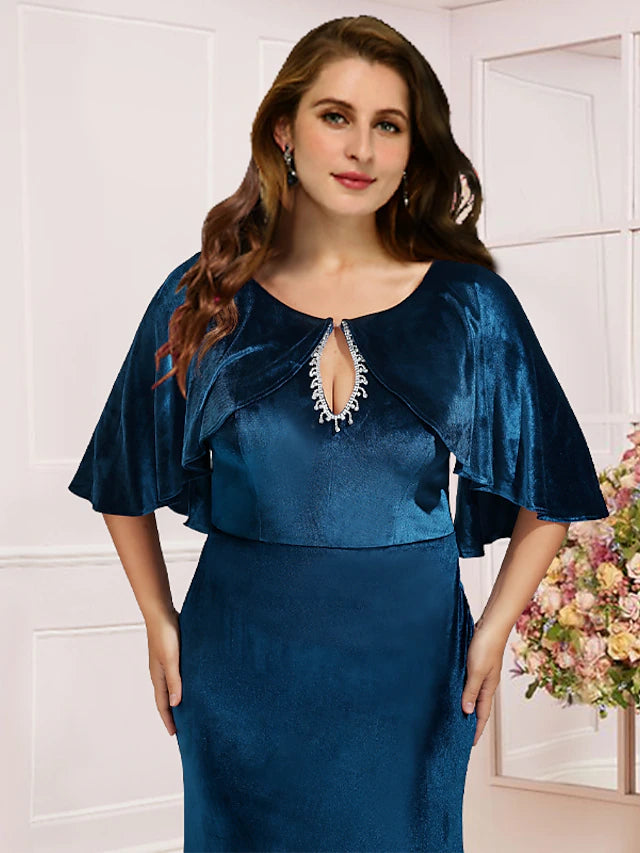 Luolandi Plus Size Curve Mother of the Bride Dress Wedding Guest Vintage Elegant Scoop Neck Sweep / Brush Train Velvet Half Sleeve with Beading