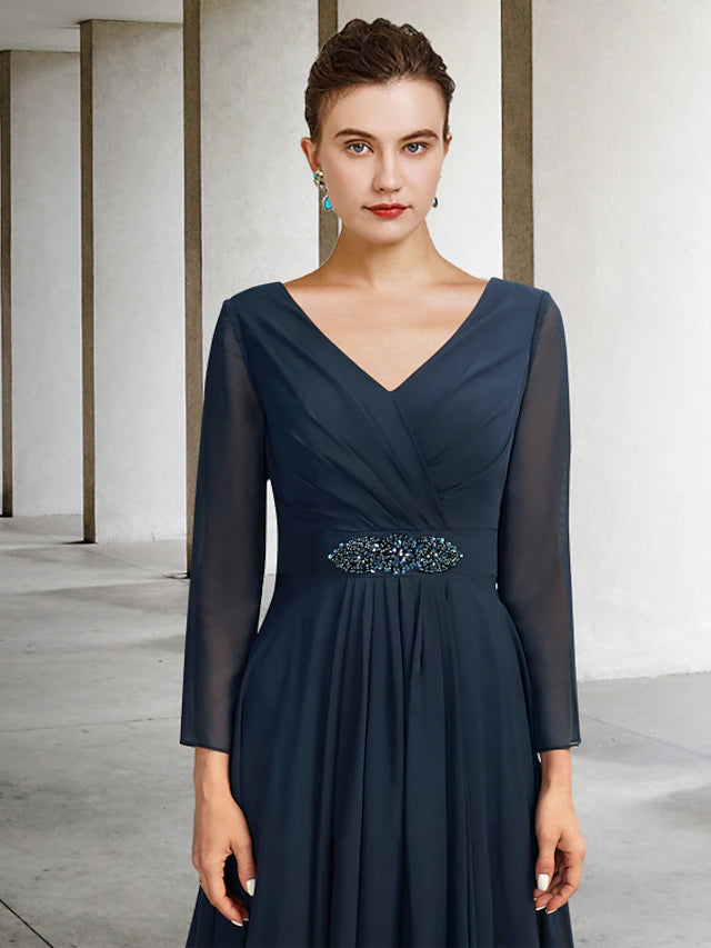 Luolandi A-Line Mother of the Bride Dress Plus Size Elegant High Low V Neck Asymmetrical Floor Length Chiffon Long Sleeve