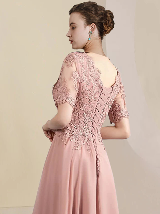 Luolandi Two Piece A-Line Mother of the Bride Dress Formal Wedding Guest Elegant High Low V Neck Asymmetrical Tea Length Chiffon Lace Short Sleeve Wrap Included