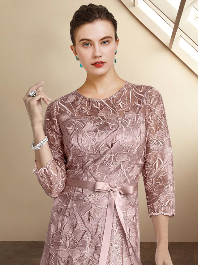 Luolandi A-Line Mother of the Bride Dress Elegant Jewel Neck Tea Length Lace Charmeuse 3/4 Length Sleeve with Bow(s)