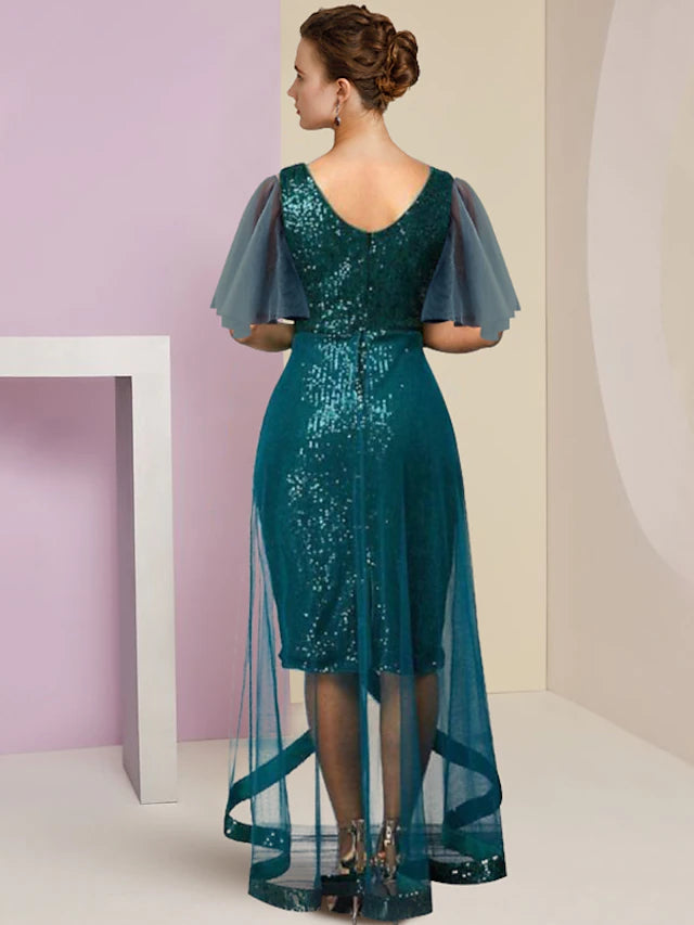 Luolandi Sheath / Column Mother of the Bride Dress Formal Wedding Guest Elegant Sparkle & Shine High Low V Neck Knee Length Chiffon Sequined Short Sleeve