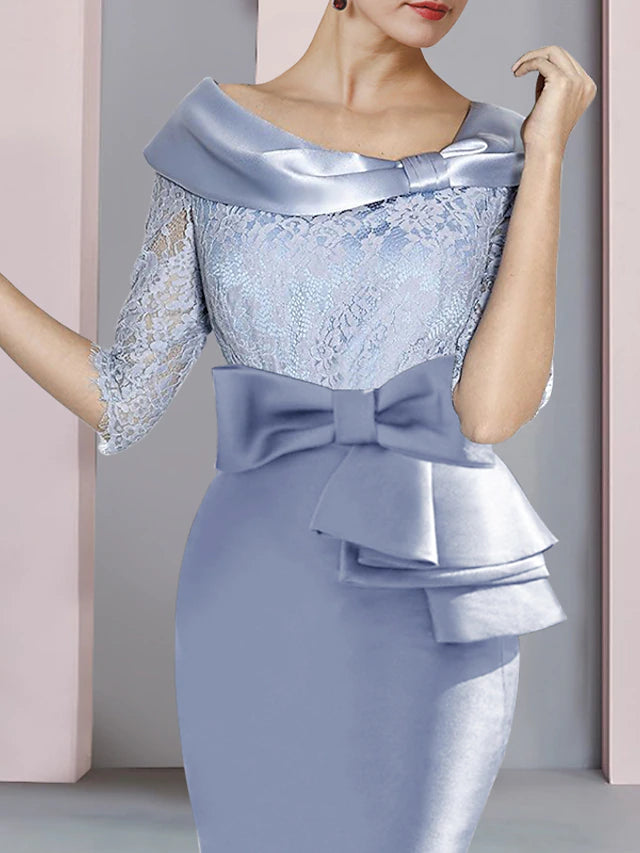 Luolandi Sheath / Column Mother of the Bride Dress Wedding Guest Party Elegant Scoop Neck Knee Length Satin Lace Half Sleeve with Bow(s)