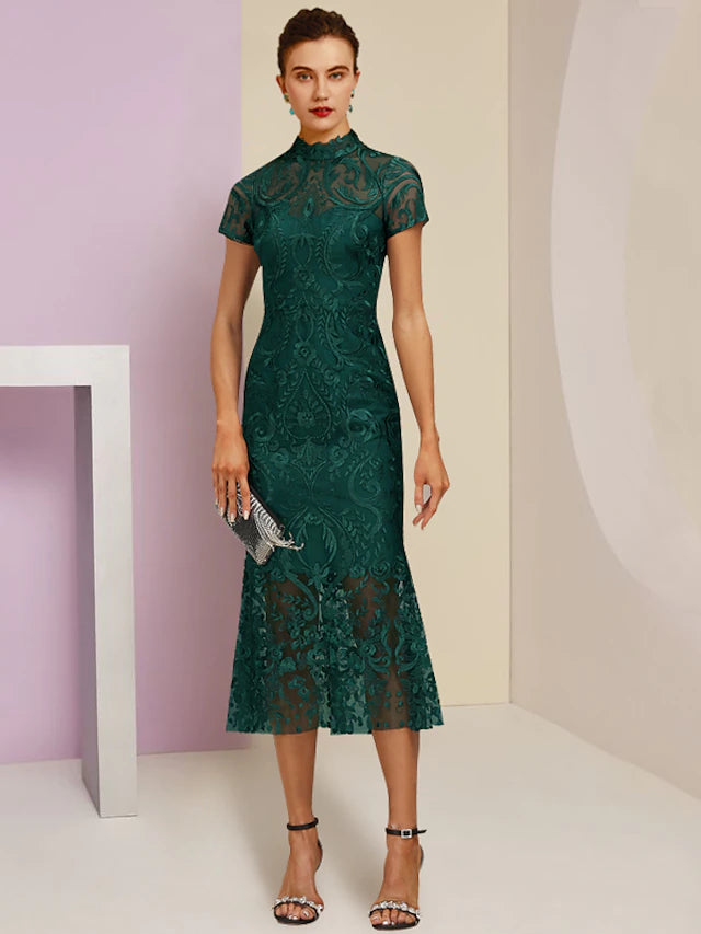 Luolandi Sheath / Column Mother of the Bride Dress Wedding Guest Elegant High Neck Tea Length Lace Short Sleeve
