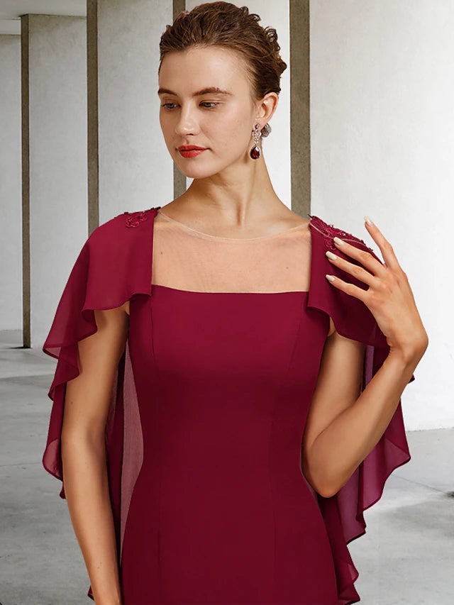 Luolandi Mermaid / Trumpet Mother of the Bride Dress Vintage Elegant Square Neck Sweep / Brush Train Chiffon Short Sleeve with Appliques
