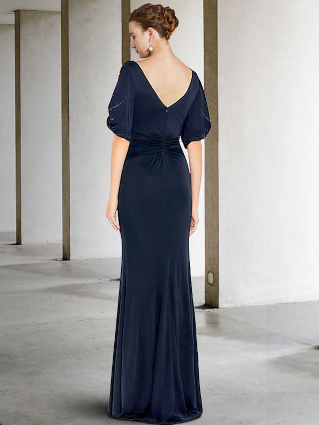 Luolandi Sheath / Column Mother of the Bride Dress Plus Size Elegant Jewel Neck Sweep / Brush Train Chiffon Short Sleeve