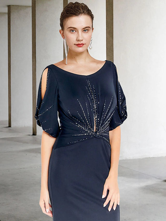 Luolandi Sheath / Column Mother of the Bride Dress Plus Size Elegant Jewel Neck Sweep / Brush Train Chiffon Short Sleeve