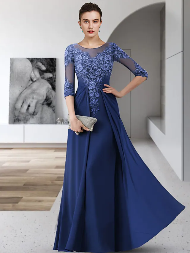 Luolandi Mother of the Bride Dress Elegant Jewel Neck Floor Length Chiffon Lace 3/4 Length Sleeve with Appliques