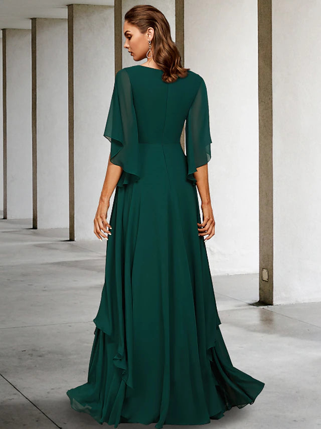 Luolandi A-Line Mother of the Bride Dress Elegant V Neck Sweep / Brush Train Chiffon Half Sleeve