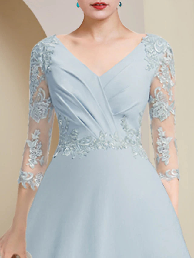 Luolandi A-Line Mother of the Bride Dress Party Elegant V Neck Asymmetrical Lace Chiffon 3/4 Length Sleeve with Pleats