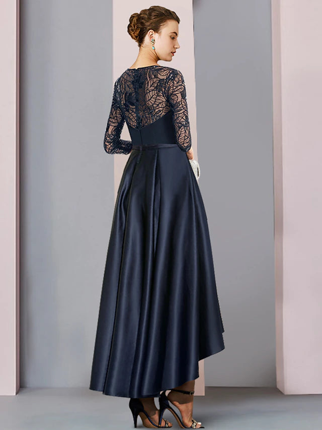 Luolandi A-Line Mother of the Bride Dress Wedding Guest Vintage Party Jewel Neck Asymmetrical Satin Lace Sequined Half Sleeve