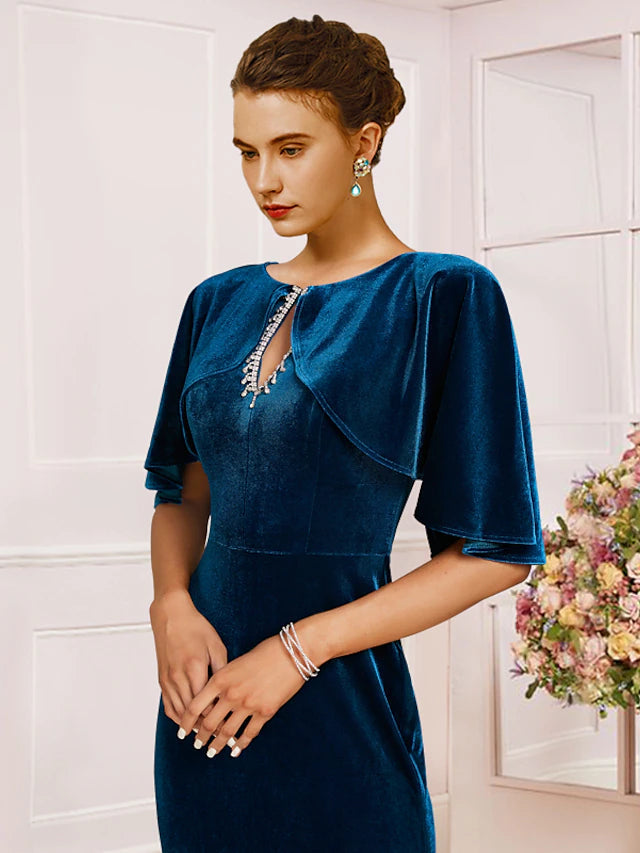 Luolandi Sheath / Column Mother of the Bride Dress Wedding Guest Vintage Elegant Scoop Neck Sweep / Brush Train Velvet Half Sleeve with Lace