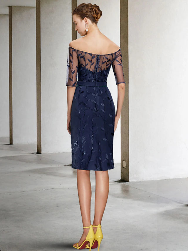 Luolandi Two Piece Sheath / Column Mother of the Bride Dress Formal Wedding Guest Sparkle & Shine Elegant Off Shoulder Knee Length Chiffon Lace Sequined Half Sleeve with Bow(s)