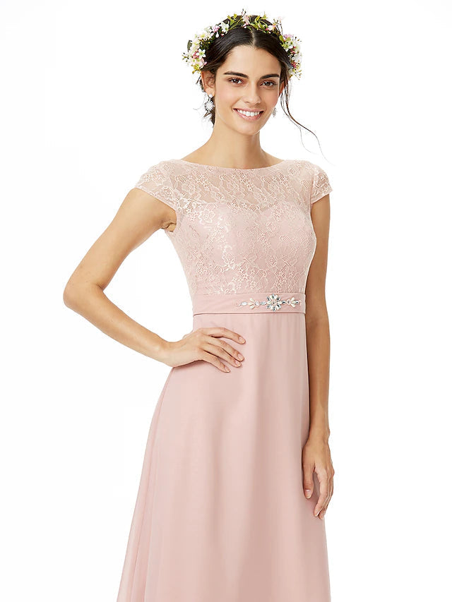 Luolandi Sheath / Column Bridesmaid Dress Bateau Neck Short Sleeve Elegant Floor Length Chiffon / Lace with Lace / Sash / Ribbon