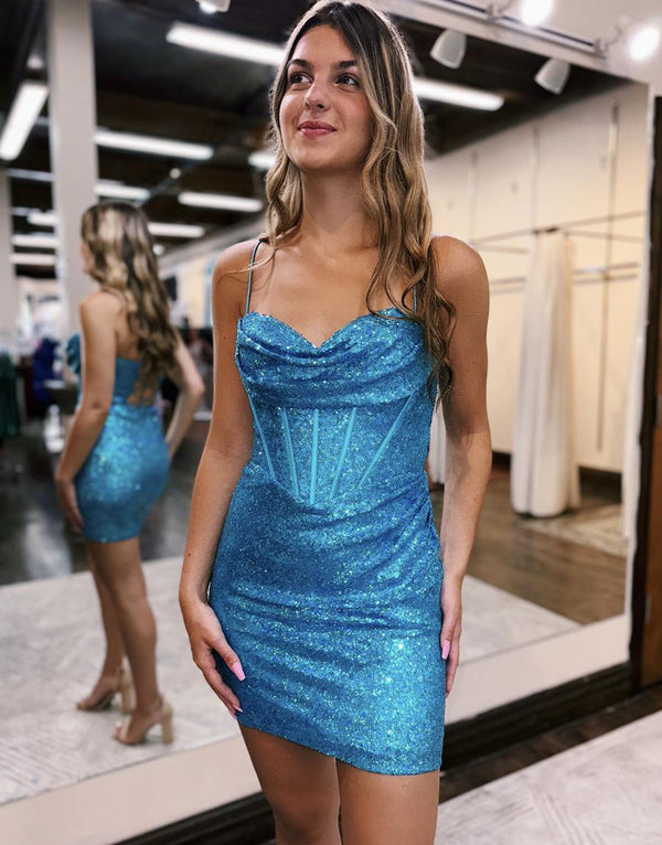 Luolandi Short Sheath Sequin Corset Homecoming Dress Sparkly Party Dress