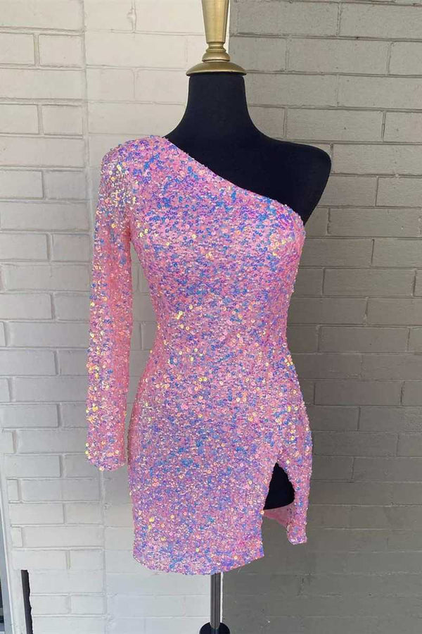 Luolandi Bodycon One-Shoulder Sequins Homecoming Dress Sparkly Sexy Party Dress
