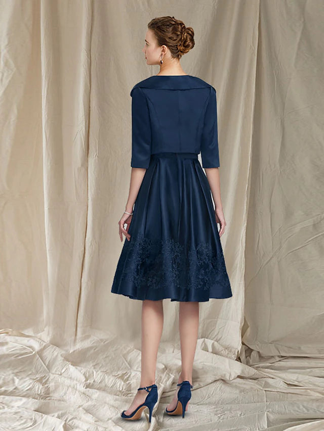 Luolandi Two Piece A-Line Mother of the Bride Dress Church Elegant Scoop Neck Knee Length Satin Lace Sleeveless Short Jacket Dresses