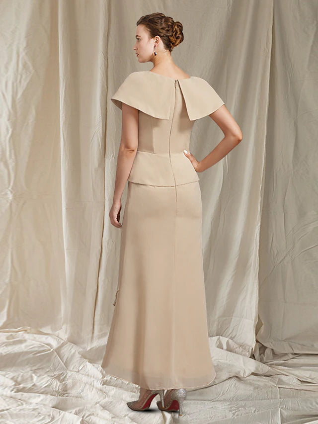 Luolandi Sheath / Column Mother of the Bride Dress Elegant High Low V Neck Asymmetrical Ankle Length Chiffon Short Sleeve with Ruffles Crystal