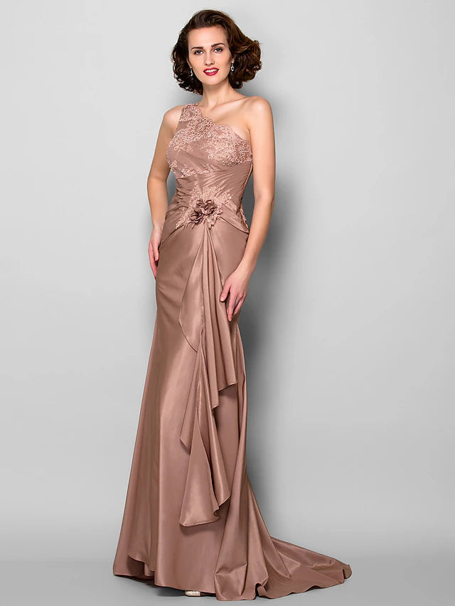 Luolandi Mermaid / Trumpet Mother of the Bride Dress Floral One Shoulder Sweep / Brush Train Lace Taffeta Sleeveless