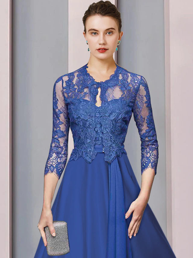 Luolandi Two Piece A-Line Mother of the Bride Dress Formal Church Party Elegant Strapless Tea Length Satin Lace Half Sleeve Wrap Included