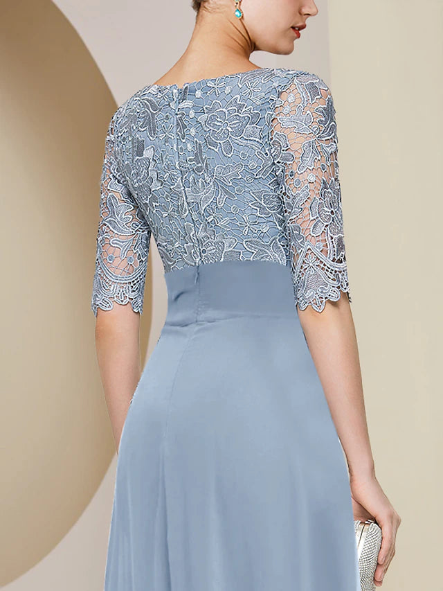 Luolandi Sheath / Column Mother of the Bride Dress Formal Wedding Guest Elegant V Neck Knee Length Chiffon Lace Half Sleeve
