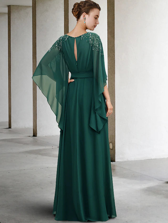 Luolandi A-Line Mother of the Bride Dress Luxurious Elegant Jewel Neck Floor Length Chiffon Half Sleeve with Sash / Ribbon