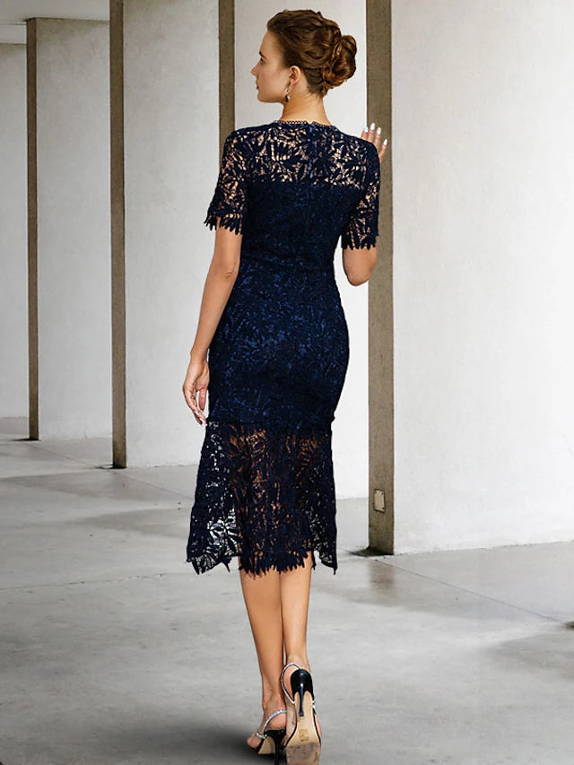 Luolandi Sheath / Column Mother of the Bride Dress Simple Elegant High Low Jewel Neck Knee Length Lace Short Sleeve with Appliques