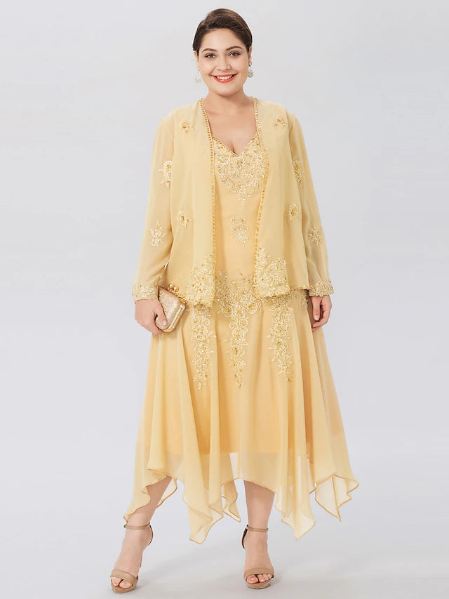 Luolandi A-Line Mother of the Bride Dress Formal Plus Size Elegant High Low V Neck Asymmetrical Chiffon Beaded Lace Long Sleeve Wrap Included with Beading
