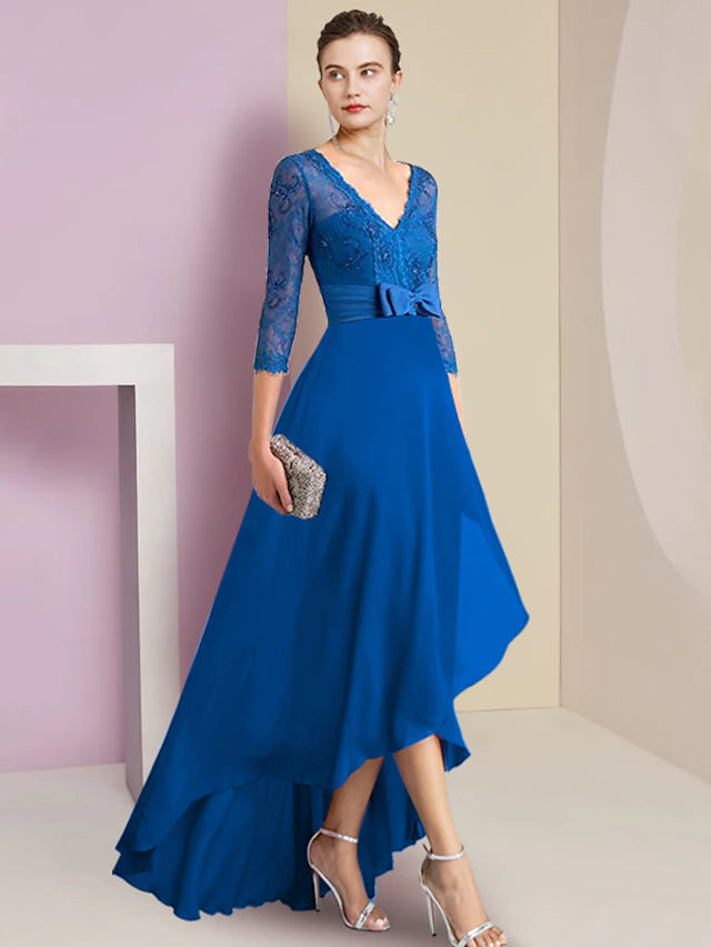 Luolandi A-Line Mother of the Bride Dress Formal Wedding Guest Elegant High Low V Neck Asymmetrical Tea Length Chiffon Lace 3/4 Length Sleeve
