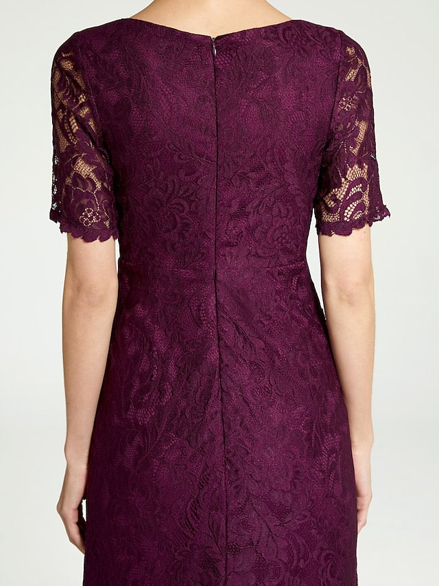 Luolandi Sheath / Column Mother of the Bride Dress V Neck Floor Length Lace Short Sleeve with Beading