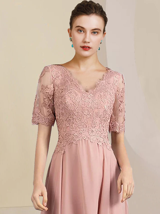 Luolandi Two Piece A-Line Mother of the Bride Dress Formal Wedding Guest Elegant High Low V Neck Asymmetrical Tea Length Chiffon Lace Short Sleeve Wrap Included