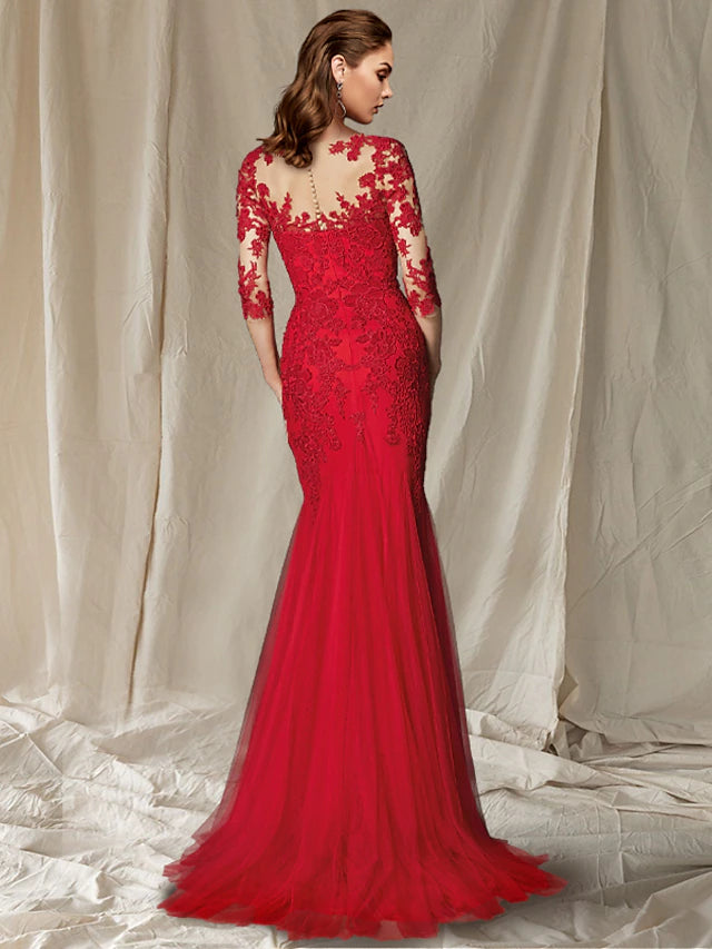 Luolandi Mermaid / Trumpet Mother of the Bride Dress Luxurious Elegant V Neck Sweep / Brush Train Lace Tulle Half Sleeve with Appliques