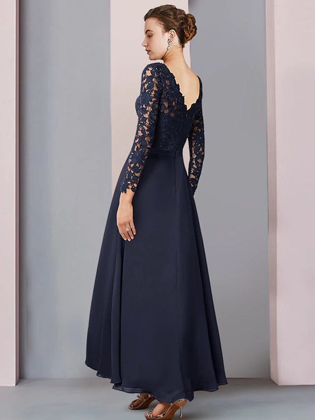Luolandi Sheath / Column Mother of the Bride Dress Wedding Guest Vintage Elegant V Neck Asymmetrical Chiffon Lace Long Sleeve