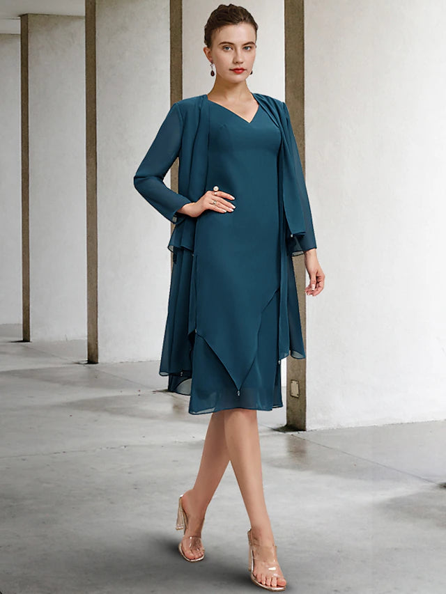 Luolandi Two Piece Sheath / Column Mother of the Bride Dress Church Vintage Elegant V Neck Knee Length Chiffon Sleeveless Wrap Included Jacket Dresses