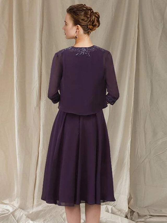 Luolandi Two Piece Sheath / Column Mother of the Bride Dress Church Elegant Jewel Neck Knee Length Chiffon Lace Sleeveless